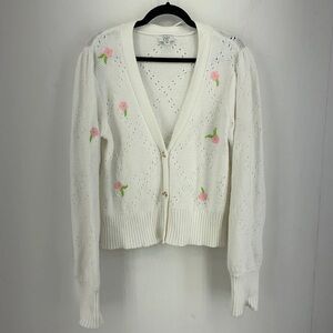 Crown Cream Knit Cardigan with Pink Rose Embroidery